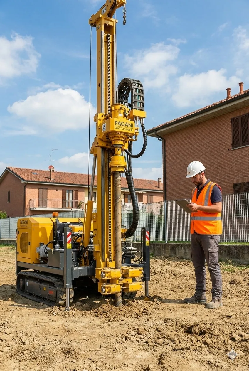Penetrometro dinamico cingolato Pagani al lavoro per indagini geognostiche in zona residenziale a Modena