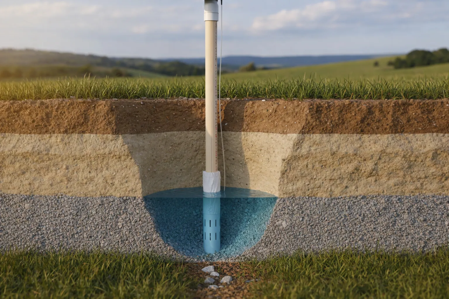 Pozzo piezometrico per monitoraggio della falda acquifera con sezione stratigrafica del terreno e livello dell’acqua visibile