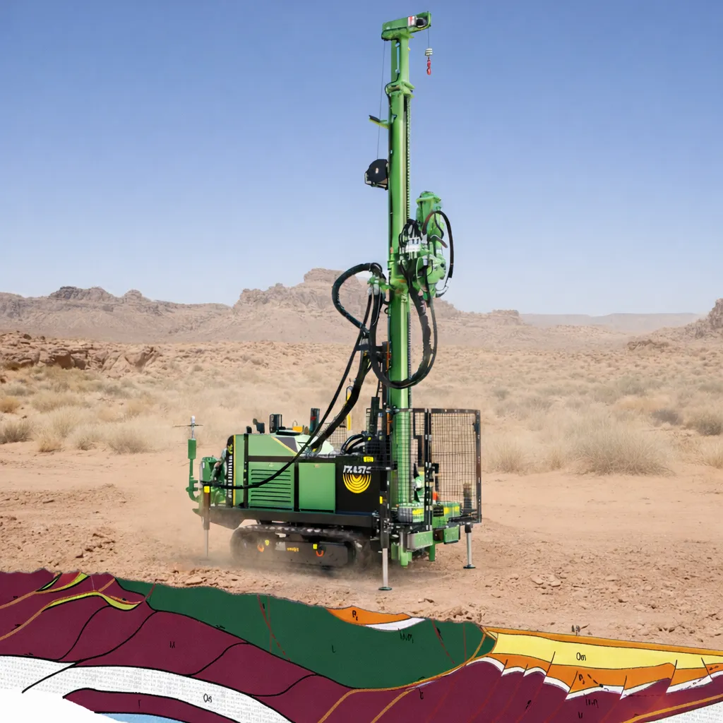 Perforatrice geotecnica su cingoli in area desertica per indagini del sottosuolo con sezione geologica stratificata visibile