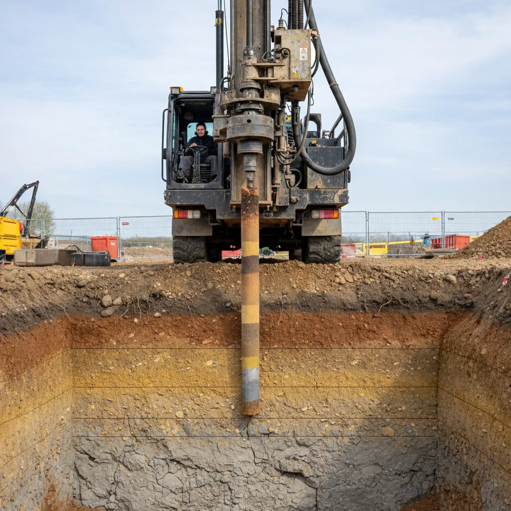Sonda geotecnica in azione durante perforazione del terreno in cantiere edile con stratigrafia del suolo visibile in sezione